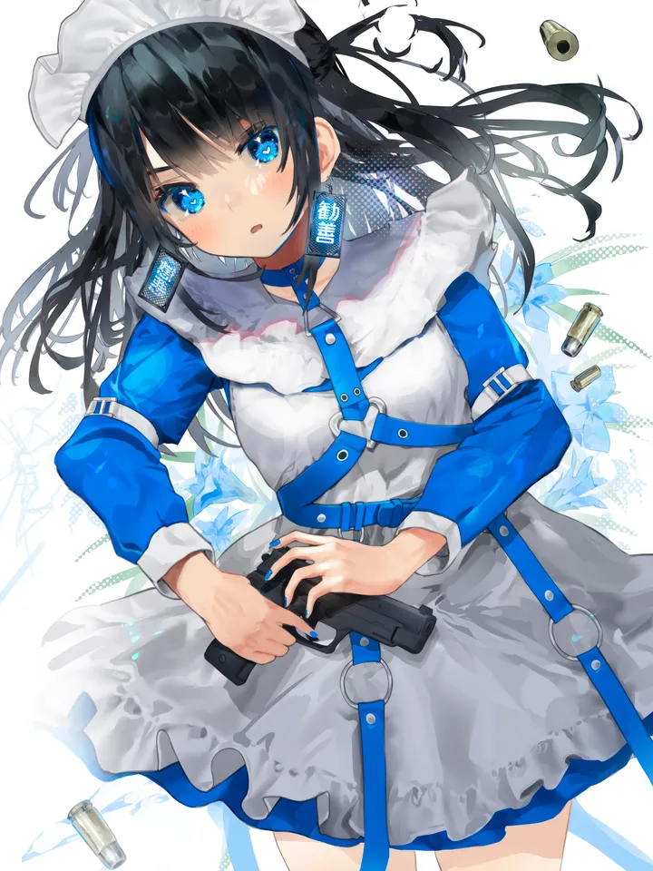 1girl,cowboy_shot,bangs,solo,apron,maid,maid_headdress,shell_casing,parted_lips,holding_weapon,handgun,holding_gun,holding,nail_polish,gun,weapon,jewelry,white_background,looking_at_viewer,vertical,earrings,blush,frills,blue_nails,blue_eyes,harness,dress,long_hair,long_sleeves,choker,flower,black_hair