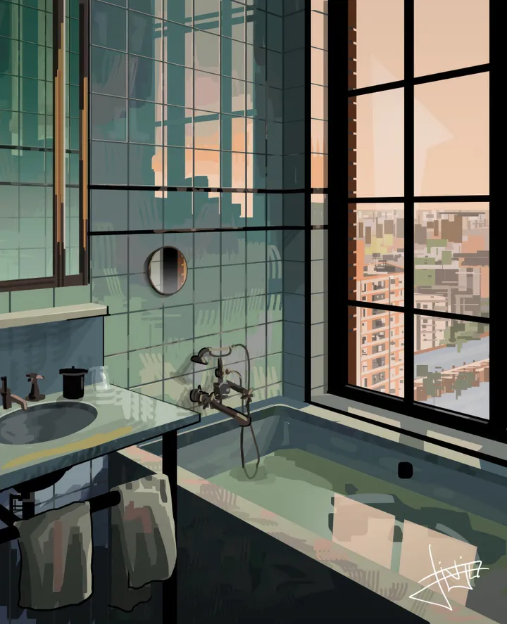 solo,indoors,building,sink,no_humans,bathroom,bathtub,tiles,tile_wall,window,vertical,signature,scenery