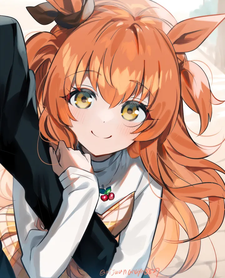 1girl,1boy,animal_ears,bangs,solo_focus,closed_mouth,two_side_up,hair_between_eyes,arm_hug,twitter_username,simple_background,orange_hair,jewelry,white_background,looking_at_viewer,vertical,smile,ear_ribbon,blush,dress,long_hair,long_sleeves,necklace,horse_girl,horse_ears,yellow_eyes