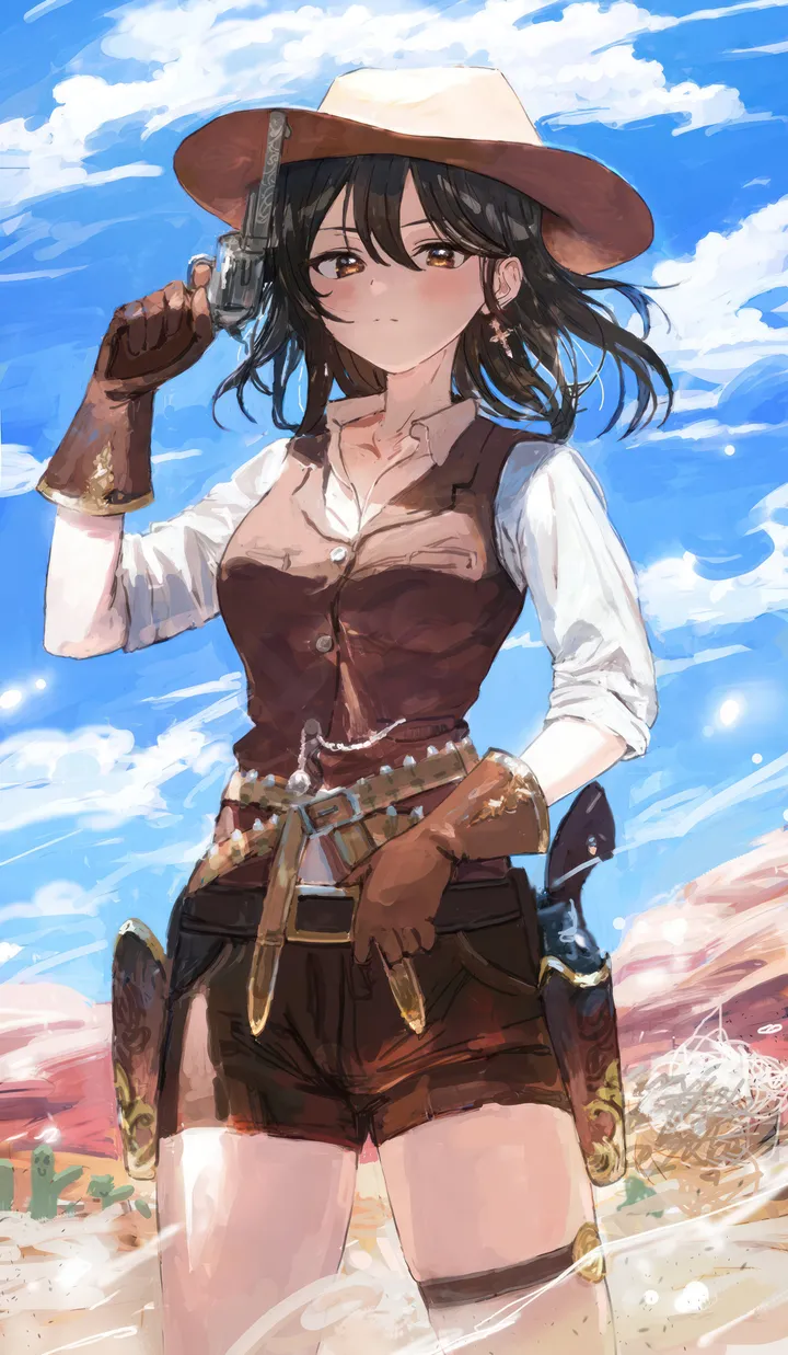 1girl,cowboy_shot,medium_breasts,medium_hair,breasts,cloud,bangs,solo,sleeves_rolled_up,closed_mouth,thigh_strap,sky,revolver,hat,hair_between_eyes,outdoors,gloves,holding_weapon,handgun,holding_gun,holding,collared_shirt,gun,holstered_weapon,holster,brown_headwear,brown_gloves,brown_eyes,brown_shorts,brown_vest,weapon,desert,cowboy_hat,jewelry,day,white_shirt,belt,looking_at_viewer,shorts,vertical,standing,short_shorts,earrings,vest,blush,blue_sky,shirt,cowboy_western,open_collar,collarbone,black_hair