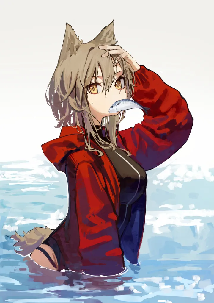 1girl,one-piece_swimsuit,medium_breasts,arm_up,breasts,upper_body,hood,animal_ears,solo,jacket,official_alternate_costume,tail,hair_between_eyes,brown_hair,water,hood_down,swimsuit,wading,wolf_girl,wolf_tail,wolf_ears,mouth_hold,white_background,looking_at_viewer,vertical,red_jacket,open_jacket,open_clothes,casual_one-piece_swimsuit,hooded_jacket,long_sleeves,fish,yellow_eyes,black_one-piece_swimsuit