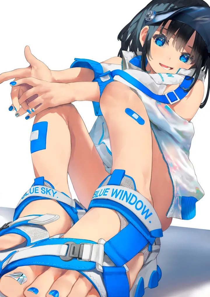 1girl,sandals,bangs,bandaid,solo,sitting,jacket,open_mouth,nail_polish,simple_background,foreshortening,toenail_polish,white_jacket,white_background,looking_at_viewer,short_hair,vertical,smile,feet,toes,toenails,bandaid_on_leg,blue_nails,blue_eyes,visor_cap,bare_shoulders,off_shoulder,black_hair