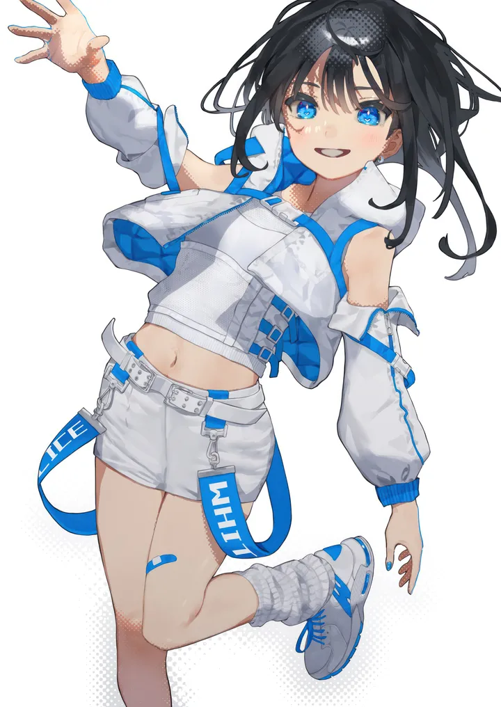 1girl,halftone,detached_sleeves,bangs,bandaid,solo,jacket,zipper,nail_polish,simple_background,jewelry,white_jacket,white_shorts,white_background,white_belt,white_shirt,white_footwear,belt,looking_at_viewer,cropped_jacket,shorts,vertical,smile,earrings,navel,blush,blue_nails,blue_eyes,shirt,socks,sneakers,long_hair,long_sleeves,midriff,grin,shoes,black_hair