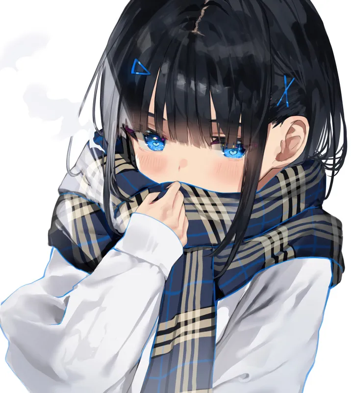 1girl,x_hair_ornament,upper_body,bangs,solo,hairclip,scarf,hair_ornament,enpera,hand_up,simple_background,plaid,plaid_scarf,white_sweater,white_background,looking_at_viewer,vertical,blush,covered_mouth,blue_eyes,sleeves_past_wrists,long_hair,long_sleeves,black_hair