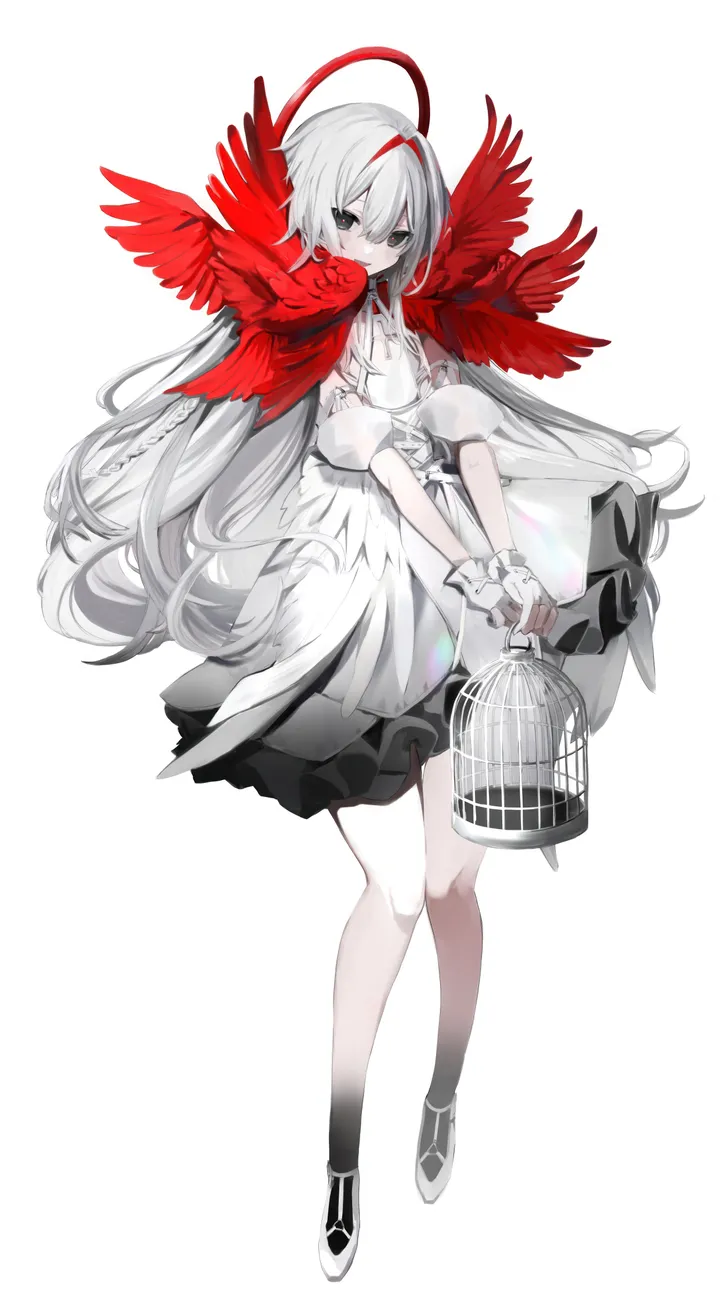 1girl,full_body,bangs,solo,closed_mouth,multicolored_hair,halo,hair_between_eyes,very_long_hair,gloves,holding,fingerless_gloves,simple_background,grey_hair,grey_eyes,white_hair,white_gloves,white_background,white_dress,white_footwear,looking_at_viewer,short_sleeves,vertical,cage,red_hair,red_wings,feathered_wings,wings,puffy_sleeves,dress,long_hair,bird,birdcage,black_eyes