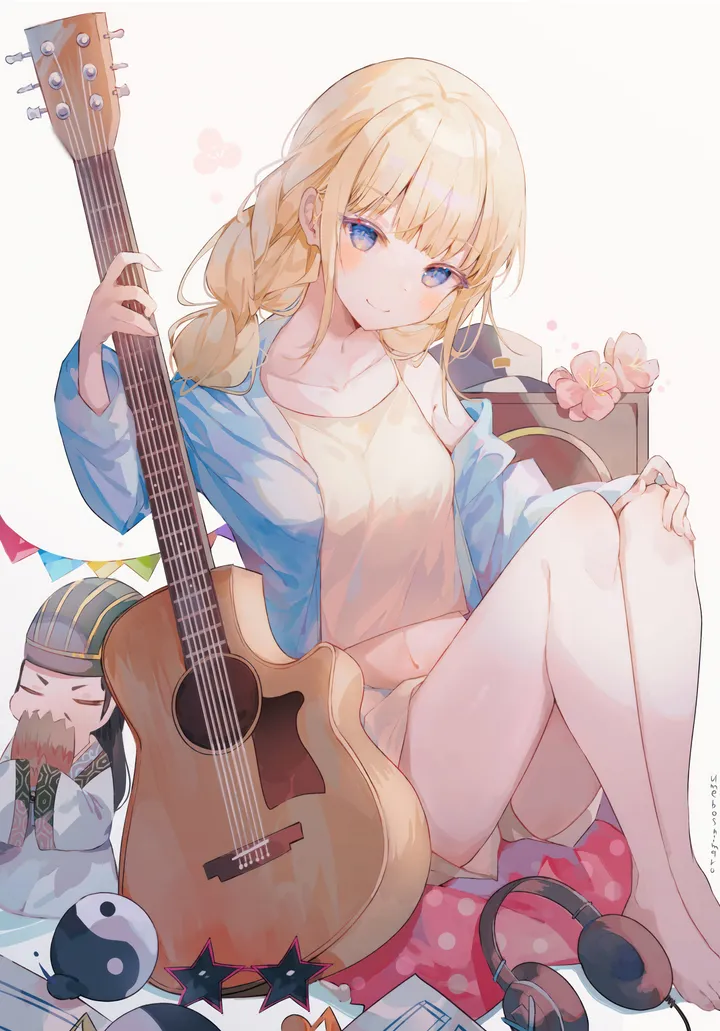 1girl,braid,instrument,breasts,bangs,acoustic_guitar,guitar,closed_mouth,sitting,headphones,jacket,camisole,knees_up,holding_instrument,holding,simple_background,white_background,looking_at_viewer,shorts,vertical,smile,navel,blush,blue_jacket,blue_eyes,shirt,bare_legs,barefoot,open_jacket,open_clothes,blonde_hair,collarbone,long_hair,long_sleeves,midriff,off_shoulder,flower