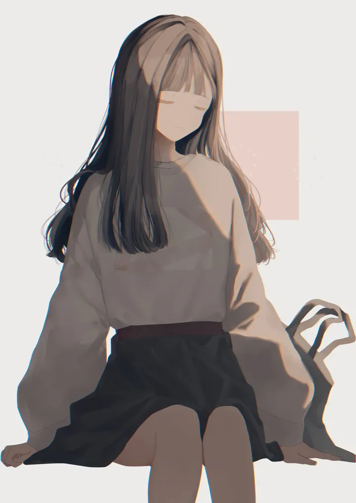 1girl,bangs,bag,solo,closed_eyes,closed_mouth,sitting,simple_background,brown_hair,sweater,white_background,blunt_bangs,skirt,vertical,shirt,sleeves_past_wrists,long_hair,long_sleeves,invisible_chair,black_skirt
