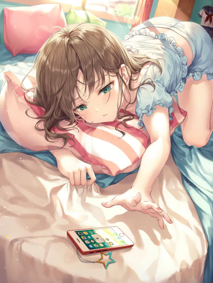 1girl,outstretched_arm,bangs,solo,closed_mouth,on_bed,indoors,frilled_shorts,bed,bed_sheet,phone,smartphone,pillow,brown_hair,day,looking_at_viewer,pajamas,short_sleeves,shorts,cellphone,window,curtains,vertical,short_shorts,green_eyes,blush,frills,blue_shirt,shirt,lying,collarbone,long_hair,sunlight