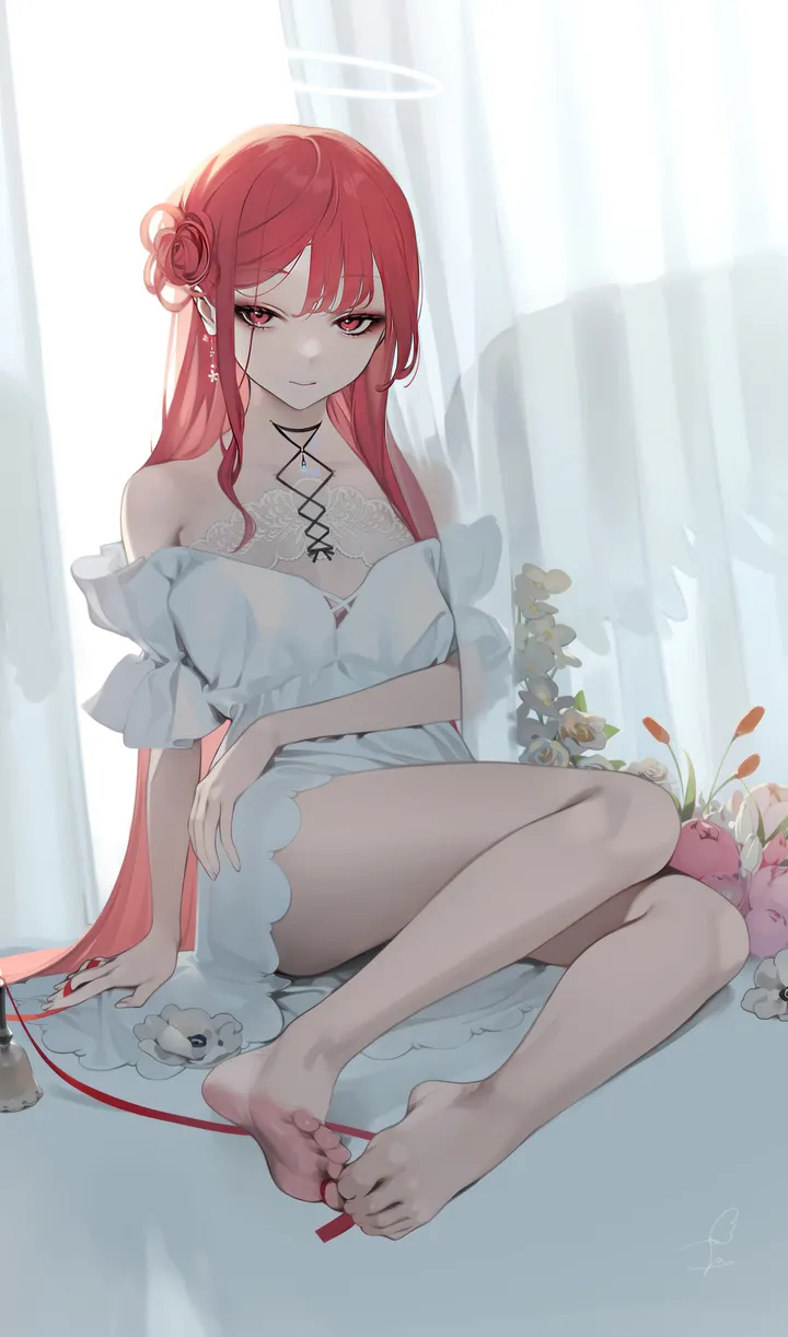 1girl,breasts,full_body,bangs,solo,legs,closed_mouth,sitting,angel_wings,hair_flower,hair_ornament,very_long_hair,nail_polish,simple_background,jewelry,foot_focus,white_background,white_dress,looking_at_viewer,vertical,red_hair,red_eyes,feathered_wings,wings,feet,soles,toes,bare_legs,barefoot,dress,long_hair,bare_shoulders,off_shoulder,flower