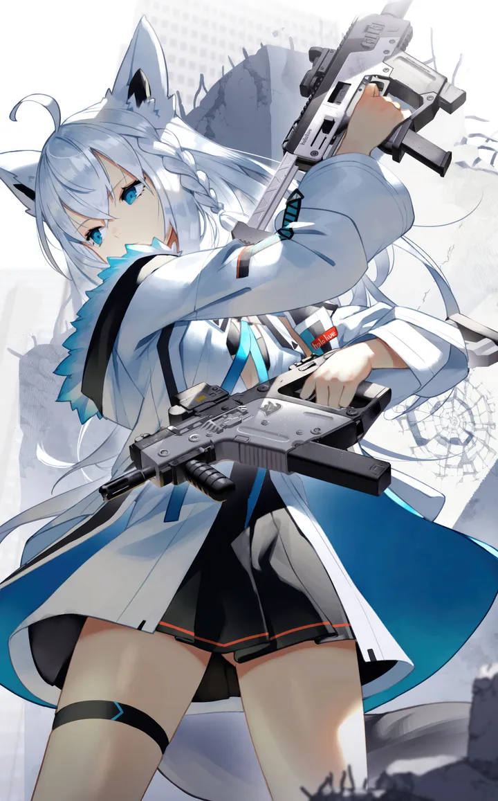 1girl,virtual_youtuber,braid,animal_ears,submachine_gun,bangs,solo,single_braid,ahoge,thigh_strap,sidelocks,jacket,tail,hair_between_eyes,holding_weapon,holding_gun,holding,gun,weapon,fur_trim,fur-trimmed_jacket,fox_girl,fox_tail,fox_ears,dog_tags,white_hair,white_jacket,assault_rifle,vertical,animal_ear_fluff,blue_eyes,open_jacket,open_clothes,dress,long_hair,black_dress