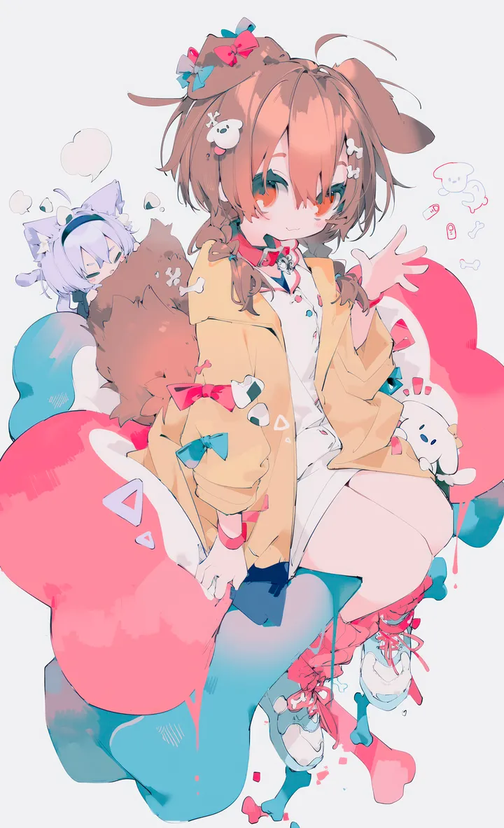 2girls,virtual_youtuber,braid,twin_braids,animal_ears,bangs,closed_eyes,hairband,ahoge,closed_mouth,sitting,multiple_girls,hair_ornament,jacket,tail,hair_between_eyes,waving,simple_background,brown_hair,brown_eyes,loose_socks,dog_girl,dog_tail,dog_ears,cat_tail,cat_ears,white_background,white_dress,looking_at_viewer,vertical,smile,purple_hair,red_bow,red_collar,red_socks,animal_ear_fluff,blush,blue_bow,bow,socks,open_jacket,open_clothes,sneakers,dress,chibi,long_hair,shoes,collar,bone_hair_ornament,yellow_jacket