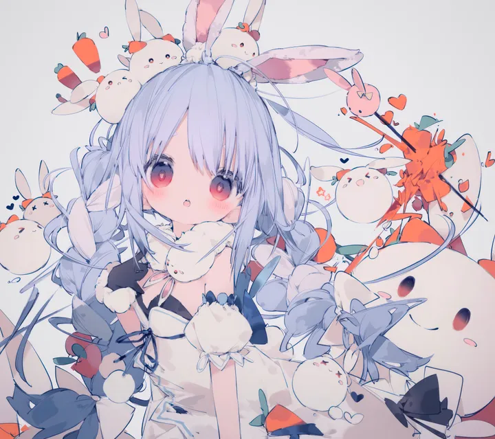 1girl,virtual_youtuber,braid,detached_sleeves,twin_braids,breasts,rabbit_girl,rabbit,bunny-shaped_pupils,rabbit_ears,animal_ears,bangs,solo,two-tone_hair,twintails,creature,multicolored_hair,hair_ornament,open_mouth,heart,gloves,hand_up,strapless,strapless_dress,simple_background,fur_trim,fur-trimmed_gloves,thick_eyebrows,white_scarf,white_hair,white_background,white_bow,white_sleeves,white_dress,looking_at_viewer,short_sleeves,vertical,smile,symbol-shaped_pupils,leotard,red_eyes,animal_ear_fluff,carrot_hair_ornament,blush,blue_hair,puffy_short_sleeves,puffy_sleeves,bow,short_eyebrows,small_breasts,dress,long_hair,food-themed_hair_ornament,black_gloves,black_leotard