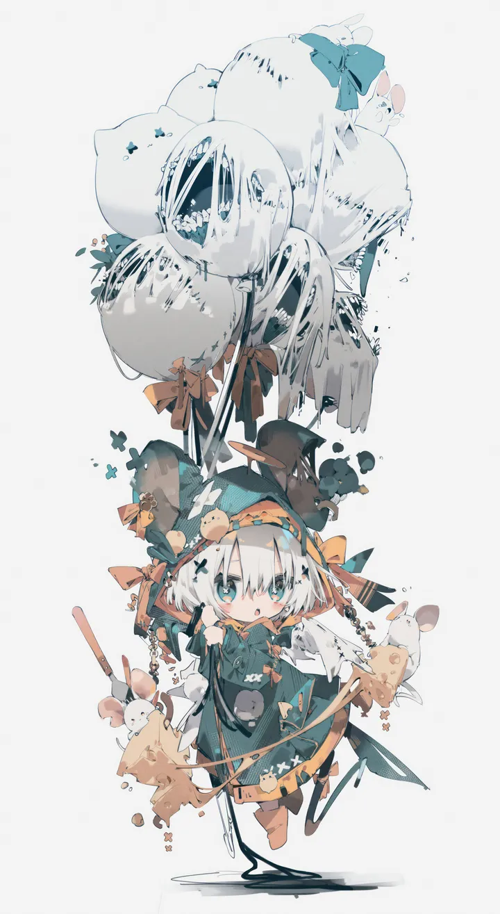 1girl,x_hair_ornament,full_body,animal_ears,bangs,animal,solo,hair_ornament,hat,hair_between_eyes,open_mouth,holding_balloon,simple_background,orange_bow,balloon,white_hair,white_background,looking_at_viewer,vertical,green_dress,mouse,mouse_ears,blush,blue_eyes,bow,dress,chibi,long_sleeves,food,flower