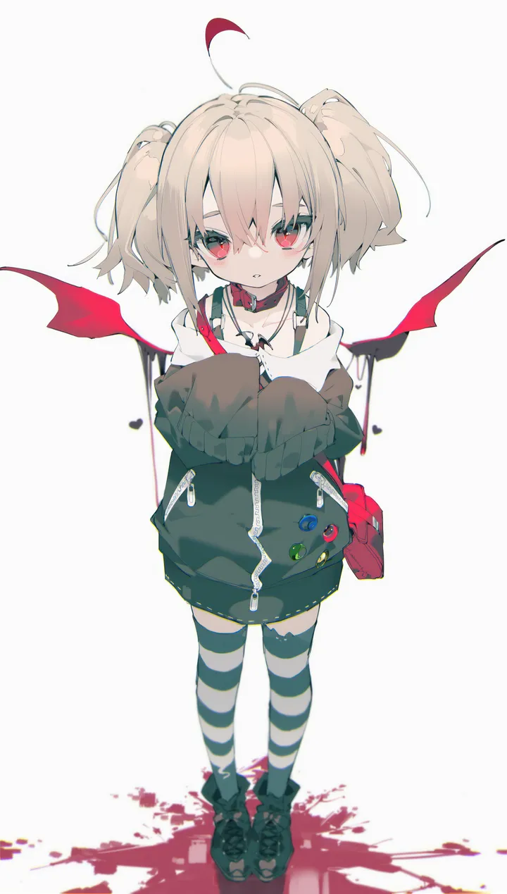 1girl,virtual_youtuber,full_body,bangs,bag,solo,shoulder_bag,twintails,ahoge,multicolored_hair,jacket,pointy_ears,hair_between_eyes,demon_wings,simple_background,striped,striped_thighhighs,jewelry,white_background,looking_at_viewer,vertical,standing,red_hair,red_eyes,red_wings,red_collar,wings,blood,sleeves_past_fingers,sleeves_past_wrists,thighhighs,long_sleeves,boots,bare_shoulders,off_shoulder,shoes,collar,necklace,black_jacket,black_footwear