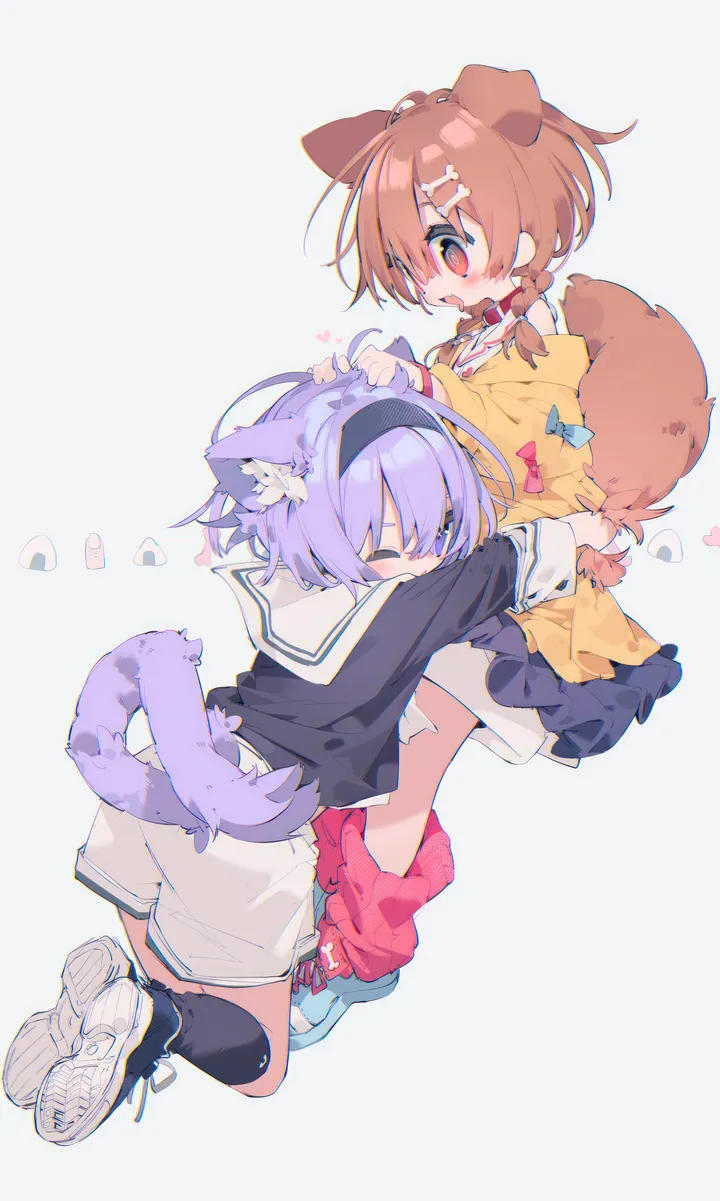 2girls,virtual_youtuber,braid,twin_braids,full_body,animal_ears,bangs,hairband,ahoge,multiple_girls,hair_ornament,jacket,tail,hair_between_eyes,open_mouth,heart,hug,simple_background,brown_hair,brown_eyes,sailor_collar,loose_socks,dog_girl,dog_tail,dog_ears,cat_girl,cat_tail,cat_ears,white_shorts,white_background,white_dress,short_hair,shorts,vertical,purple_hair,purple_eyes,red_socks,animal_ear_fluff,blush,blue_footwear,bow,shirt,socks,sneakers,dress,long_sleeves,one_eye_closed,off_shoulder,shoes,onigiri,bone_hair_ornament,yellow_jacket,black_hairband,black_shirt