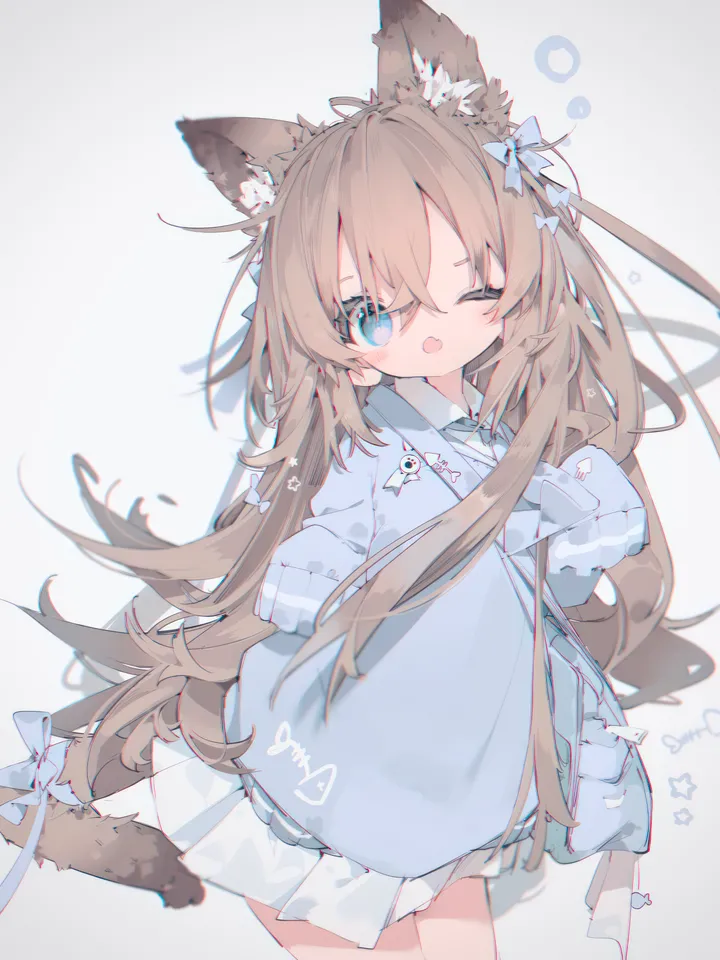 1girl,ribbon,animal_ears,bangs,bag,solo,shoulder_bag,tail,tail_ornament,tail_ribbon,tail_bow,kindergarten_uniform,hair_between_eyes,open_mouth,very_long_hair,simple_background,brown_hair,cat_girl,cat_tail,cat_ears,white_skirt,white_background,pleated_skirt,looking_at_viewer,skirt,vertical,animal_ear_fluff,blush,blue_eyes,blue_bow,blue_shirt,fang,bow,hair_bow,shirt,sleeves_past_wrists,dress,long_hair,long_sleeves,one_eye_closed