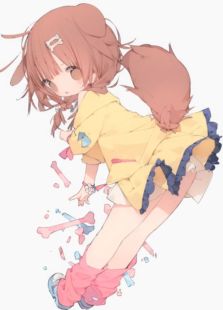 1girl,virtual_youtuber,braid,twin_braids,full_body,animal_ears,bangs,solo,cartoon_bone,twintails,looking_back,hair_ornament,jacket,tail,parted_lips,simple_background,brown_hair,brown_tail,brown_eyes,loose_socks,dog_girl,dog_tail,dog_ears,white_background,white_dress,looking_at_viewer,vertical,blush,blue_bow,blue_footwear,bow,socks,dress,long_hair,off_shoulder,shoes,bone,bone_hair_ornament,yellow_jacket