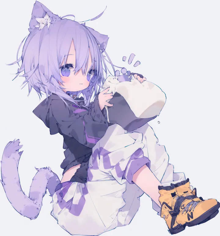 1girl,virtual_youtuber,hood,full_body,animal_ears,bangs,solo,ahoge,closed_mouth,sitting,tail,hair_between_eyes,holding,simple_background,hood_down,cat_girl,cat_tail,cat_ears,white_background,white_pants,looking_at_viewer,vertical,purple_hair,purple_eyes,animal_ear_fluff,blush,notice_lines,sleeves_past_wrists,pants,hoodie,long_sleeves,shoes,food,onigiri,yellow_footwear,black_hoodie