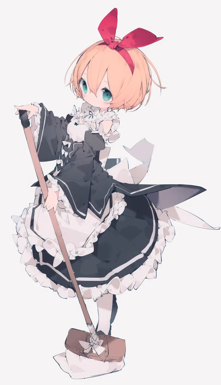 1girl,detached_sleeves,ribbon,full_body,bangs,solo,hairband,closed_mouth,apron,hair_ribbon,maid,waist_apron,wide_sleeves,bow_hairband,hair_between_eyes,holding_broom,broom,mop,holding,juliet_sleeves,simple_background,orange_hair,white_apron,white_background,white_bow,white_pantyhose,looking_at_viewer,short_hair,vertical,standing,red_ribbon,red_hairband,green_eyes,blush,frills,frilled_apron,frilled_sleeves,frilled_dress,puffy_sleeves,bow,dress,pantyhose,long_sleeves,shoes,black_sleeves,black_dress,black_footwear