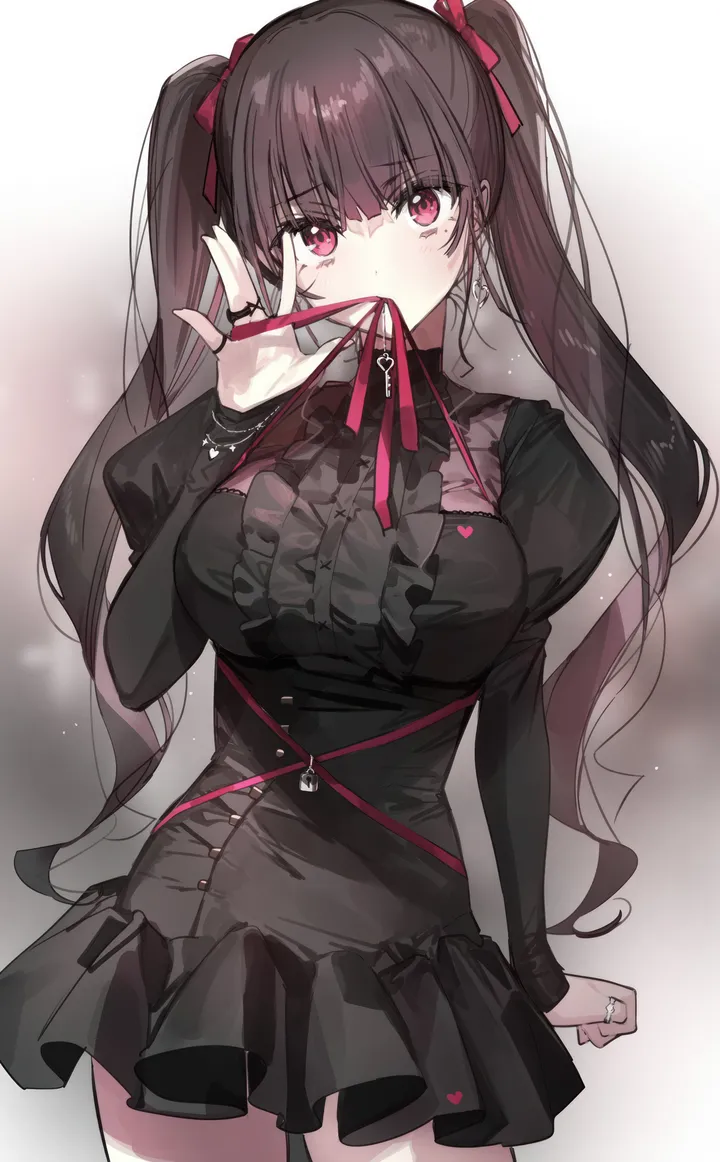 1girl,cowboy_shot,ribbon,breasts,bangs,solo,twintails,ribbon_in_mouth,hair_ribbon,heart,ring,hand_up,juliet_sleeves,brown_hair,blurry,jewelry,mouth_hold,white_background,looking_at_viewer,vertical,red_ribbon,red_eyes,blush,frills,puffy_sleeves,bow,large_breasts,dress,long_hair,long_sleeves,black_hair,black_dress