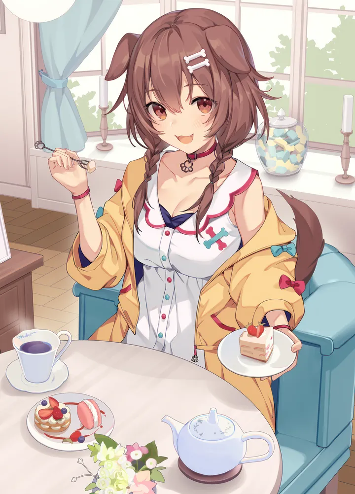 1girl,virtual_youtuber,braid,twin_braids,breasts,cleavage,animal_ears,cake_slice,bangs,solo,cartoon_bone,hairclip,sitting,hair_ornament,jacket,indoors,tail,hair_between_eyes,open_mouth,holding,holding_fork,cup,table,brown_hair,brown_eyes,chair,dog_girl,dog_tail,dog_ears,white_dress,plate,looking_at_viewer,window,curtains,vertical,smile,red_bow,red_collar,blush,vase,teapot,teacup,saucer,cake,open_jacket,open_clothes,large_breasts,dress,collarbone,long_hair,off_shoulder,collar,food,fork,bone_hair_ornament,flower,yellow_jacket