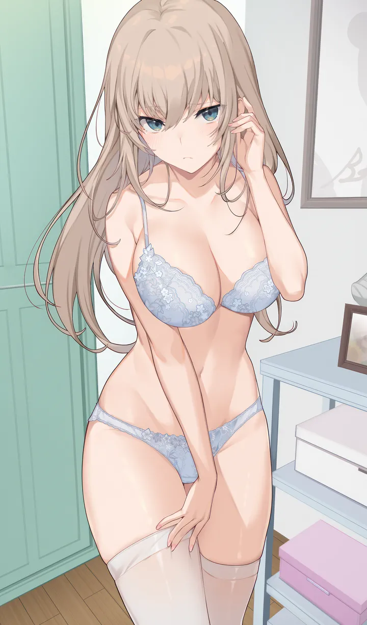 1girl,cowboy_shot,breasts,cleavage,underwear_only,underwear,panties,bangs,solo,closed_mouth,thighs,indoors,stomach,hand_up,brown_hair,white_thighhighs,looking_at_viewer,vertical,standing,navel,bra,blush,blue_panties,blue_eyes,blue_bra,lace-trimmed_bra,lace_trim,skindentation,bare_arms,large_breasts,thighhighs,collarbone,long_hair,bare_shoulders