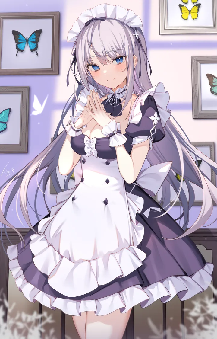 1girl,cowboy_shot,medium_breasts,breasts,cleavage,bangs,solo,own_hands_together,closed_mouth,apron,maid,maid_apron,maid_headdress,indoors,steepled_fingers,very_long_hair,blurry,grey_hair,picture_frame,looking_at_viewer,short_sleeves,vertical,standing,smile,wrist_cuffs,blush,frills,frilled_dress,blue_eyes,blue_butterfly,puffy_short_sleeves,puffy_sleeves,bug,butterfly,dress,long_hair,black_dress