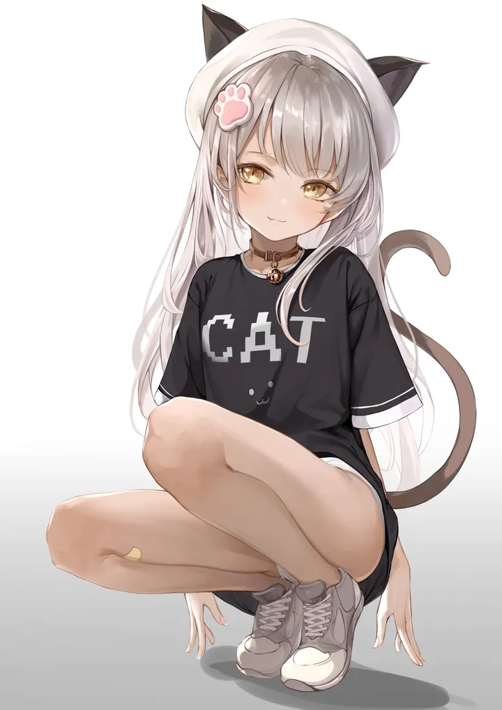 1girl,full_body,animal_ears,underwear,panties,bangs,bandaid,solo,twintails,closed_mouth,tail,hat,simple_background,brown_eyes,no_pants,grey_hair,cat_girl,cat_tail,cat_ears,jingle_bell,white_panties,white_headwear,white_background,white_footwear,looking_at_viewer,short_sleeves,vertical,smile,bandaid_on_leg,bandaid_on_knee,fang,shirt,squatting,sneakers,bell,long_hair,shoes,choker,collar,yellow_eyes,black_shirt