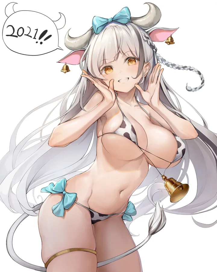 1girl,cowboy_shot,braid,side-tie_bikini_bottom,breasts,cleavage,animal_ears,animal_print,chinese_zodiac,solo,print_bikini,hands_up,multicolored_hair,thighs,thigh_strap,cow_print,speech_bubble,stomach,tail,very_long_hair,new_year,happy_new_year,simple_background,orange_eyes,bikini,swimsuit,cow_girl,cow_tail,year_of_the_ox,cow_ears,cow_horns,cowbell,white_hair,white_background,looking_at_viewer,vertical,smile,string_bikini,halterneck,navel,blue_bow,bow,hair_bow,skindentation,bare_arms,horns,large_breasts,bell,collarbone,long_hair,bare_shoulders,grin,yellow_eyes