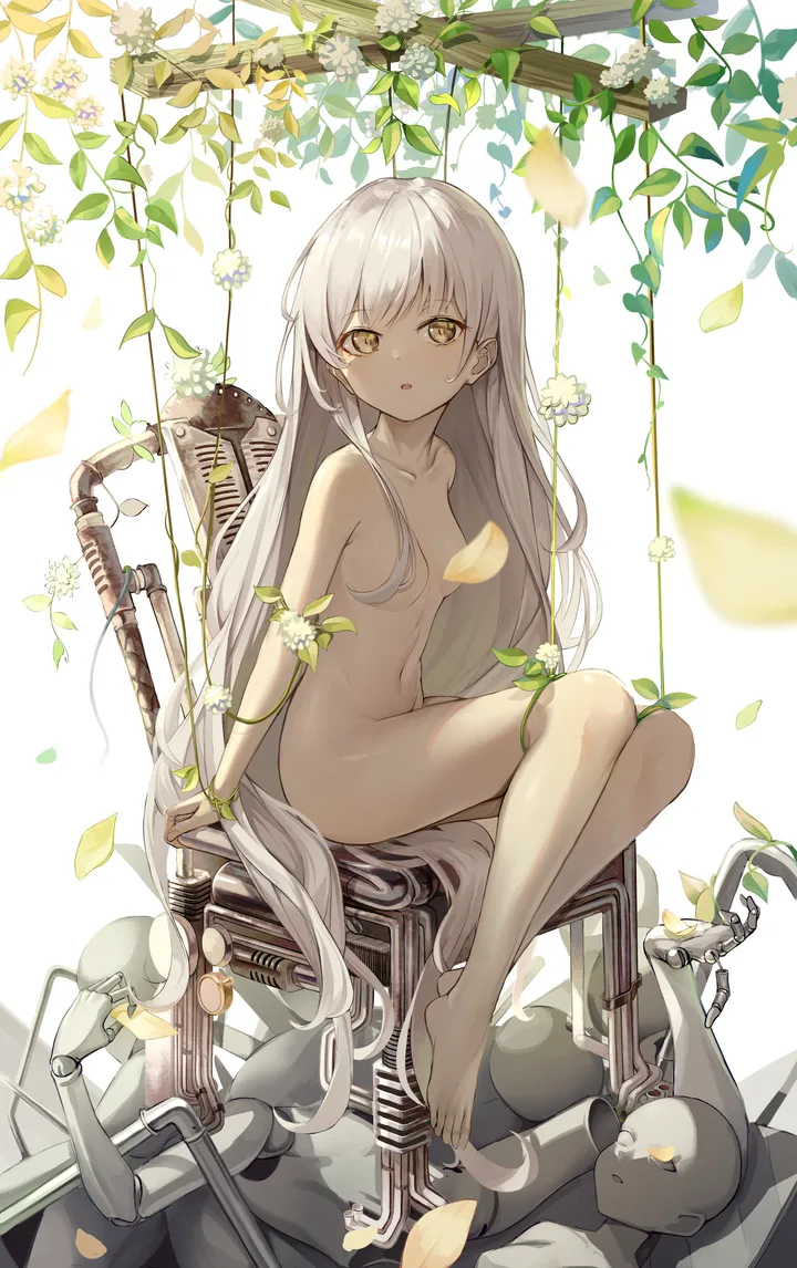 1girl,breasts,full_body,bangs,solo,leaf,sitting,hair_censor,completely_nude,very_long_hair,parted_lips,chair,plant,stuffed_bunny,stuffed_toy,white_hair,white_background,white_flower,looking_at_viewer,vertical,convenient_censoring,navel,petals,nude,barefoot,small_breasts,collarbone,long_hair,flower,yellow_eyes