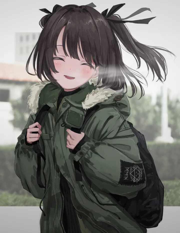 1girl,ribbon,bangs,bag,solo,closed_eyes,backpack,breath,hair_ribbon,jacket,two_side_up,open_mouth,outdoors,brown_hair,blurry,blurry_background,fur_trim,fur-trimmed_jacket,vertical,smile,green_jacket,blush,sleeves_past_wrists,open_clothes,long_sleeves,facing_viewer,black_ribbon,black_hair