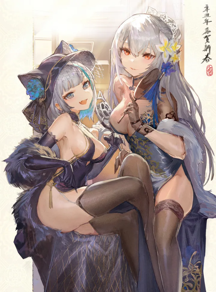 2girls,chinese_clothes,medium_breasts,breasts,cleavage,animal_ears,bangs,fake_animal_ears,garter_straps,sitting,multiple_girls,multicolored_hair,thighs,hair_flower,hair_ornament,official_alternate_costume,hat,open_mouth,hand_fan,gloves,holding_fan,holding,streaked_hair,china_dress,pelvic_curtain,sleeveless,sleeveless_dress,grey_hair,looking_at_viewer,short_hair,vertical,smile,purple_dress,red_eyes,feather_boa,blue_hair,blue_eyes,blue_dress,fang,large_breasts,thighhighs,dress,long_hair,elbow_gloves,bare_shoulders,flower,black_headwear,black_gloves