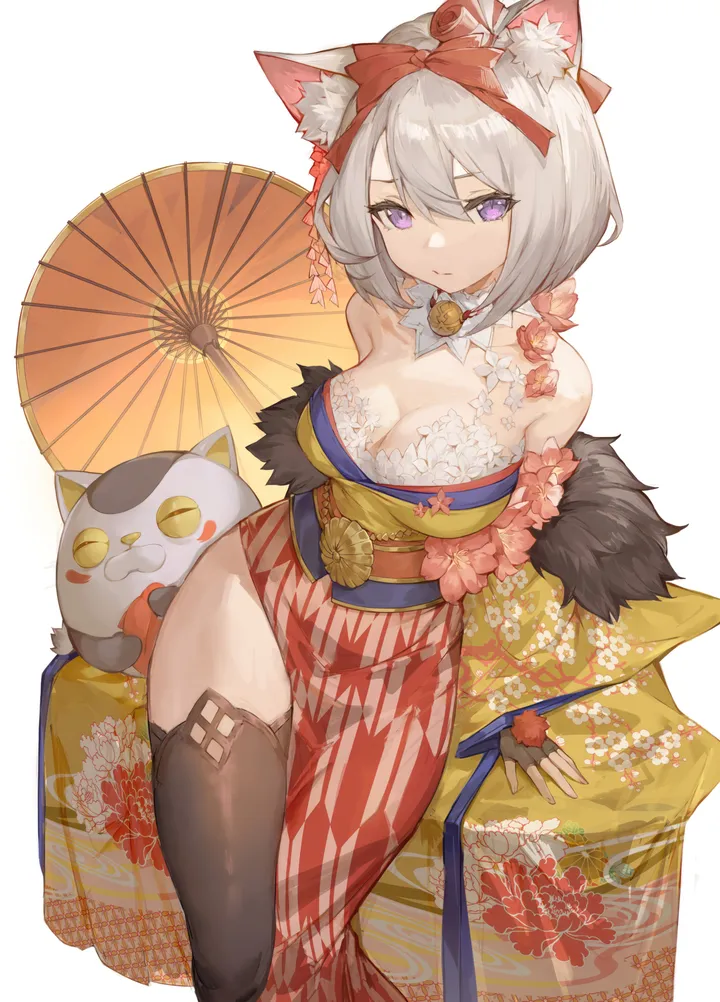 1girl,ribbon,breasts,cleavage,side_slit,animal_ears,underwear,panties,bangs,solo,print_kimono,kimono,obi,closed_mouth,sitting,thighs,hair_ribbon,hair_ornament,wide_sleeves,hair_between_eyes,gloves,arm_support,fingerless_gloves,japanese_clothes,sash,simple_background,brown_thighhighs,fur_trim,fur-trimmed_kimono,oil-paper_umbrella,grey_hair,cat_ears,jingle_bell,white_background,looking_at_viewer,short_hair,vertical,yagasuri,purple_eyes,animal_ear_fluff,floral_print,bow,hair_bow,large_breasts,thighhighs,bell,neck_bell,long_sleeves,umbrella,bare_shoulders,off_shoulder,collar,detached_collar,flower,yellow_kimono,black_panties,black_gloves,black_thighhighs