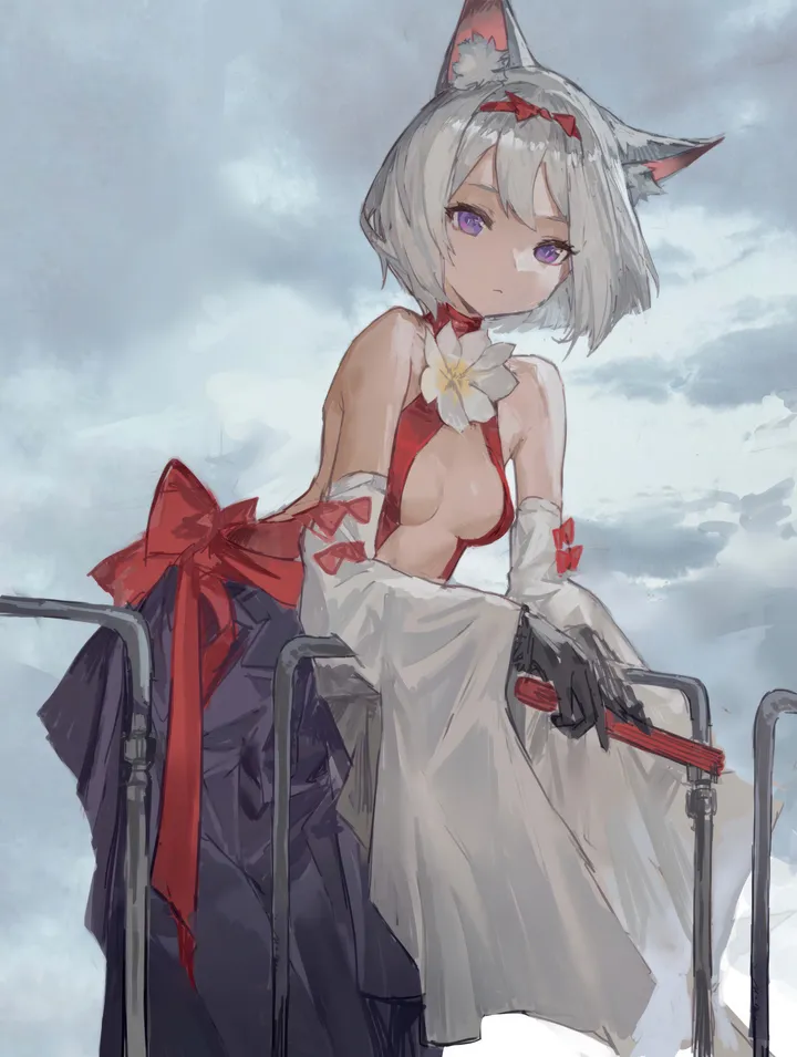 1girl,detached_sleeves,medium_breasts,breasts,cleavage,cloud,animal_ears,bangs,solo,hairband,closed_mouth,cloudy_sky,sky,wide_sleeves,outdoors,hand_fan,gloves,holding,grey_hair,cat_ears,white_flower,looking_at_viewer,short_hair,skirt,vertical,purple_eyes,red_hairband,red_bow,animal_ear_fluff,bow,small_breasts,bare_shoulders,flower,black_gloves