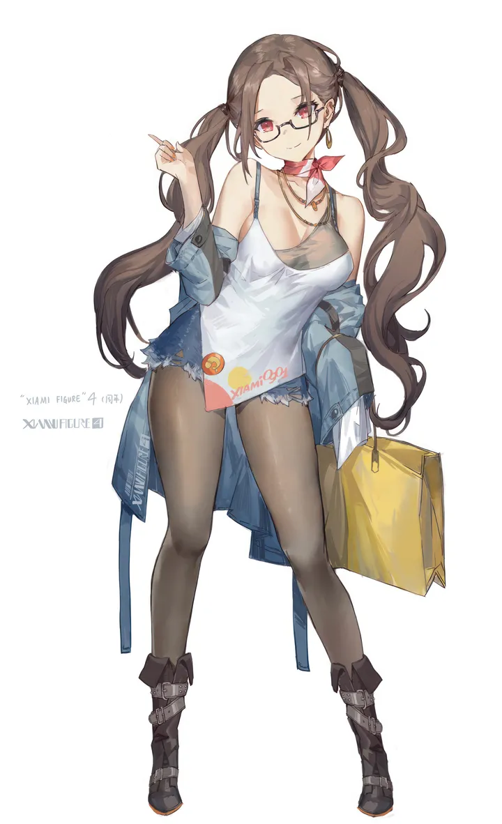 1girl,breasts,cleavage,full_body,bangs,bag,solo,twintails,closed_mouth,scarf,jacket,very_long_hair,holding,holding_bag,simple_background,brown_hair,denim,denim_shorts,jewelry,white_background,looking_at_viewer,glasses,shorts,vertical,standing,smile,short_shorts,red_eyes,earrings,blue_jacket,blue_shorts,shirt,shopping_bag,large_breasts,pantyhose,collarbone,long_hair,boots,bare_shoulders,off_shoulder,black-framed_eyewear,black_footwear