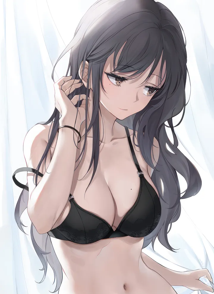 1girl,breasts,mole_on_breast,cleavage,upper_body,underwear_only,underwear,bangs,solo,closed_mouth,stomach,hand_up,simple_background,brown_eyes,mole_under_eye,mole,white_background,looking_away,vertical,navel,bra,strap_slip,bare_arms,large_breasts,collarbone,long_hair,bare_shoulders,black_hair,black_bra