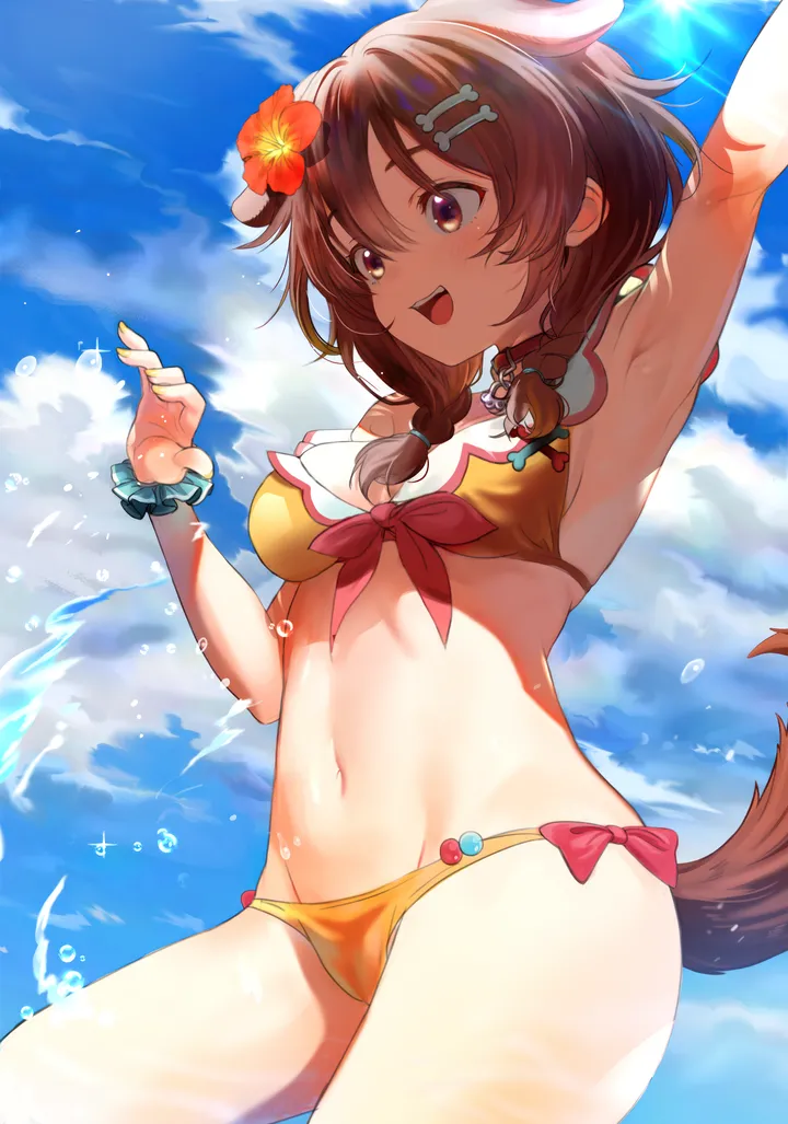 1girl,virtual_youtuber,cowboy_shot,braid,twin_braids,medium_breasts,arm_up,breasts,cleavage,cloud,animal_ears,bangs,solo,wrist_scrunchie,sky,hair_flower,hair_ornament,animal_collar,tail,hair_between_eyes,open_mouth,outdoors,scrunchie,hibiscus,nail_polish,brown_hair,brown_eyes,bikini,water,swimsuit,dog_girl,dog_tail,dog_ears,day,vertical,smile,red_flower,groin,navel,blush,armpits,blue_sky,extra_ears,long_hair,collar,bone_hair_ornament,flower,yellow_nails,yellow_bikini