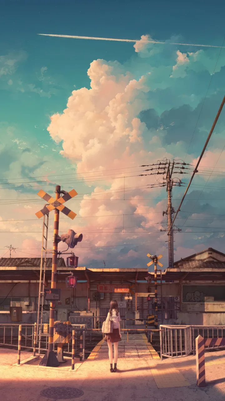 1girl,cloud,evening,sign,bag,solo,cloudy_sky,sky,contrail,wide_shot,building,outdoors,sunset,railing,school_uniform,brown_hair,cat,utility_pole,power_lines,white_shirt,pleated_skirt,short_hair,skirt,vertical,standing,blue_sky,shirt,socks,road,road_sign,long_sleeves,shadow,shoes,scenery,black_hair