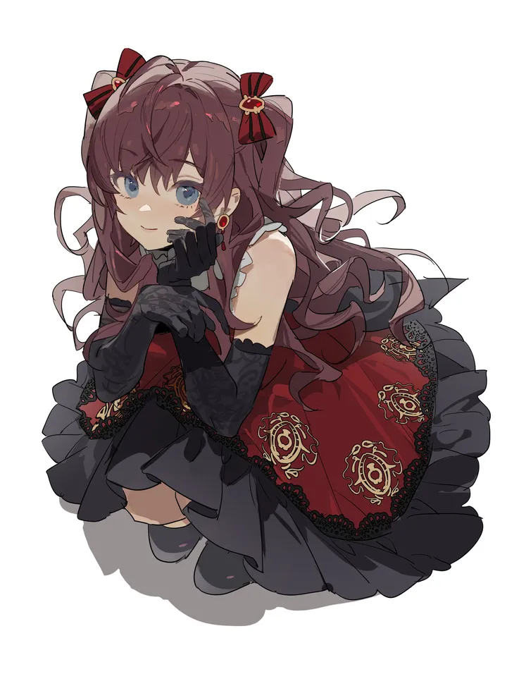 1girl,bangs,solo,ahoge,two_side_up,gloves,sleeveless,sleeveless_dress,simple_background,brown_hair,wavy_hair,jewelry,white_background,looking_at_viewer,vertical,smile,red_bow,red_dress,earrings,blush,frills,blue_eyes,bow,hair_bow,squatting,dress,long_hair,elbow_gloves,bare_shoulders,black_gloves