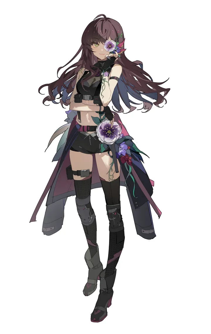 1girl,medium_breasts,breasts,full_body,bangs,solo,ahoge,hair_flower,hair_ornament,gloves,fingerless_gloves,simple_background,brown_hair,wavy_hair,fishnets,white_background,belt,looking_at_viewer,shorts,vertical,standing,short_shorts,purple_flower,navel,thighhighs,long_hair,boots,midriff,crop_top,flower,yellow_eyes,black_gloves,black_shorts,black_thighhighs