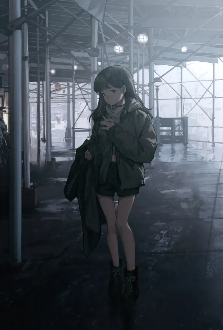 1girl,hood,full_body,bangs,solo,closed_mouth,jacket,indoors,holding,holding_clothes,brown_eyes,looking_at_viewer,shorts,vertical,standing,short_shorts,shirt,long_hair,long_sleeves,boots,choker,black_hair,black_jacket,black_shorts,black_footwear,black_choker