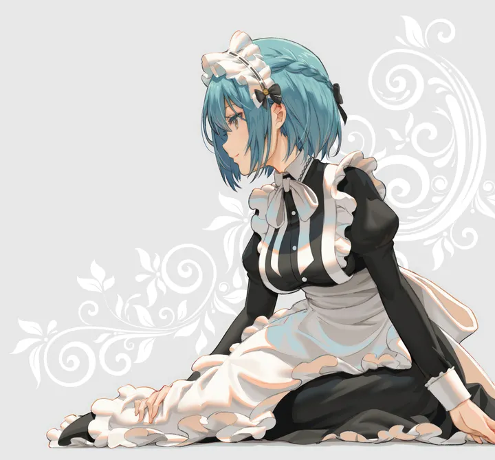 1girl,virtual_youtuber,braid,breasts,from_side,yokozuwari,profile,bangs,solo,closed_mouth,apron,sitting,maid,maid_apron,maid_headdress,juliet_sleeves,simple_background,mole,white_apron,white_background,white_bow,short_hair,vertical,smile,frills,frilled_apron,blue_hair,puffy_sleeves,bow,hair_bow,large_breasts,dress,long_sleeves,yellow_eyes,black_dress