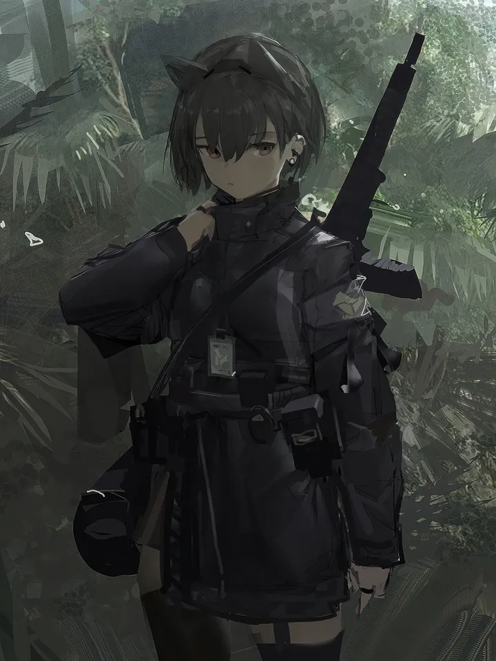 1girl,cowboy_shot,animal_ears,bangs,solo,closed_mouth,jacket,hair_between_eyes,outdoors,gun,tree,brown_eyes,weapon,cat_ears,jewelry,looking_at_viewer,short_hair,ear_piercing,vertical,standing,earrings,weapon_on_back,thighhighs,long_sleeves,mask,black_hair,black_jacket,black_thighhighs