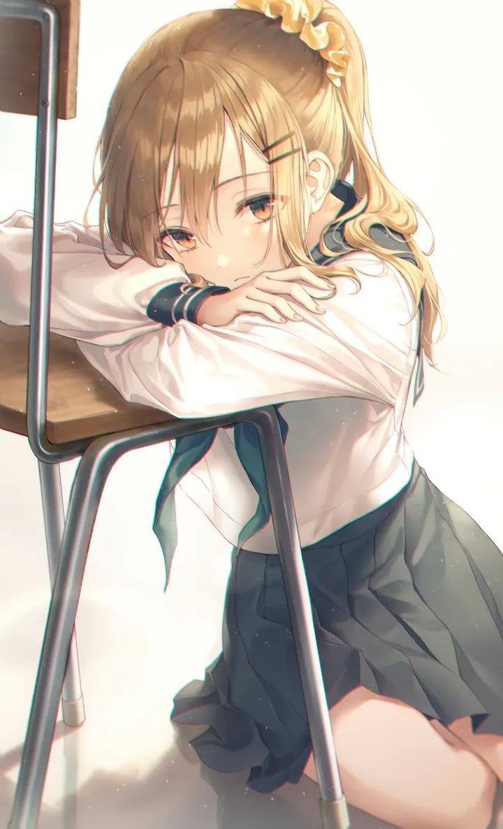 1girl,neckerchief,desk,crossed_arms,bangs,solo,hairclip,closed_mouth,sitting,hair_scrunchie,hair_ornament,sidelocks,hair_between_eyes,arm_rest,scrunchie,simple_background,school_uniform,brown_hair,brown_eyes,chair,serafuku,sailor_collar,white_background,white_shirt,pleated_skirt,looking_at_viewer,skirt,vertical,blush,blue_skirt,shirt,school_desk,school_chair,blonde_hair,long_hair,long_sleeves,ponytail,yellow_scrunchie,black_skirt