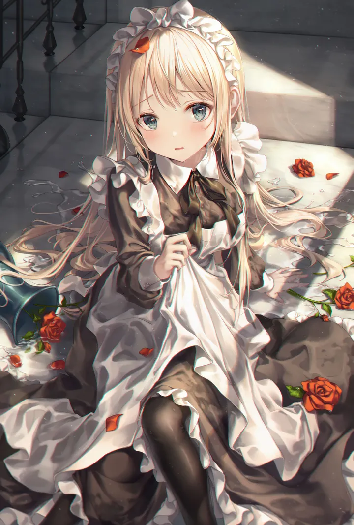 1girl,bangs,solo,apron,on_floor,sitting,maid,maid_apron,maid_headdress,indoors,very_long_hair,parted_lips,water,bucket,rose,rose_petals,white_apron,looking_at_viewer,vertical,red_rose,red_flower,blush,petals,frills,frilled_apron,blue_eyes,wet,dress,pantyhose,blonde_hair,long_hair,long_sleeves,neck_ribbon,flower,black_dress,black_pantyhose