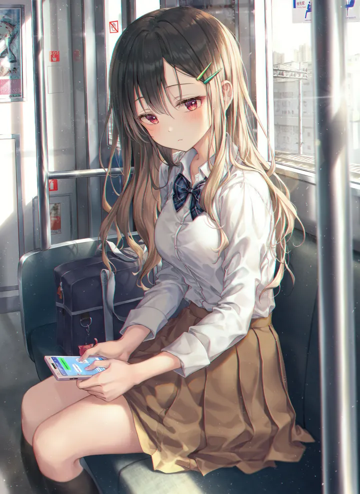 1girl,medium_breasts,school_bag,breasts,train_interior,bangs,uniform,bag,solo,kneehighs,hairclip,closed_mouth,sitting,hair_ornament,phone,holding_phone,holding,smartphone,collared_shirt,school_uniform,brown_skirt,white_shirt,pleated_skirt,looking_at_viewer,skirt,cellphone,window,vertical,red_eyes,blush,blue_bow,blue_bowtie,bow,shirt,socks,long_hair,long_sleeves,bowtie,black_hair,black_socks