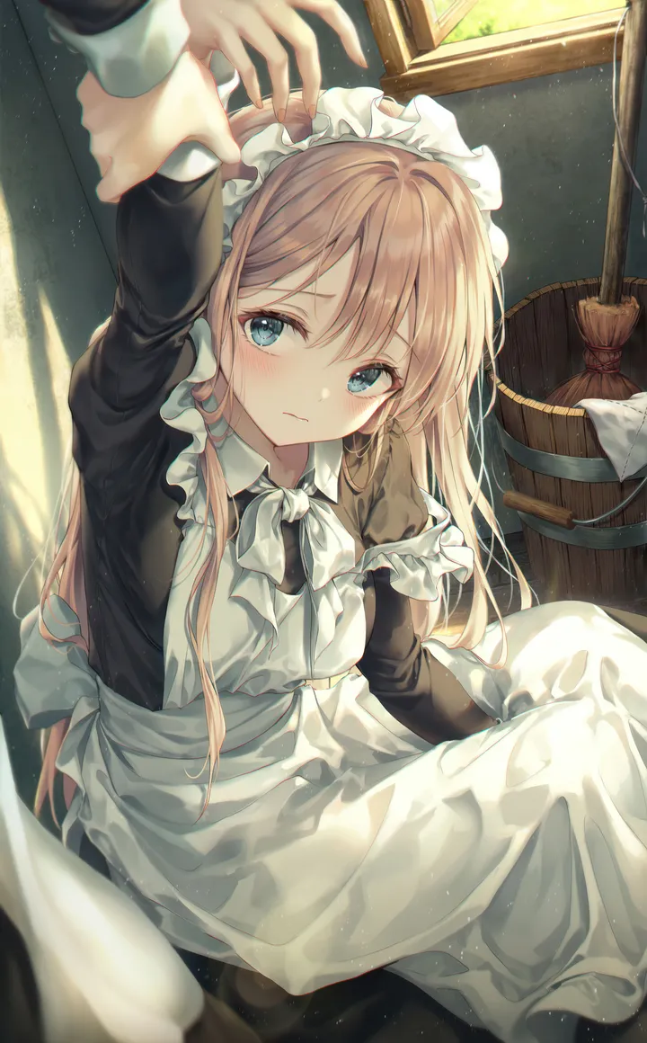 1girl,arm_up,light_particles,bangs,solo_focus,closed_mouth,apron,sitting,maid,maid_apron,maid_headdress,indoors,hair_between_eyes,very_long_hair,broom,collared_dress,brown_hair,bucket,white_apron,white_bow,looking_at_viewer,window,vertical,blush,frills,blue_eyes,dress,long_hair,long_sleeves,sunlight,black_dress