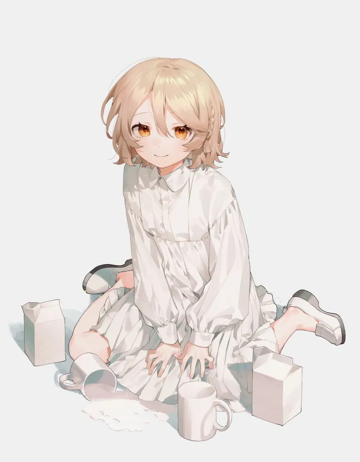 1girl,full_body,bangs,solo,closed_mouth,sitting,hair_between_eyes,simple_background,cup,orange_eyes,spill,white_background,white_dress,white_footwear,looking_at_viewer,short_hair,vertical,smile,puffy_long_sleeves,dress,long_sleeves,shoes,mug,wariza