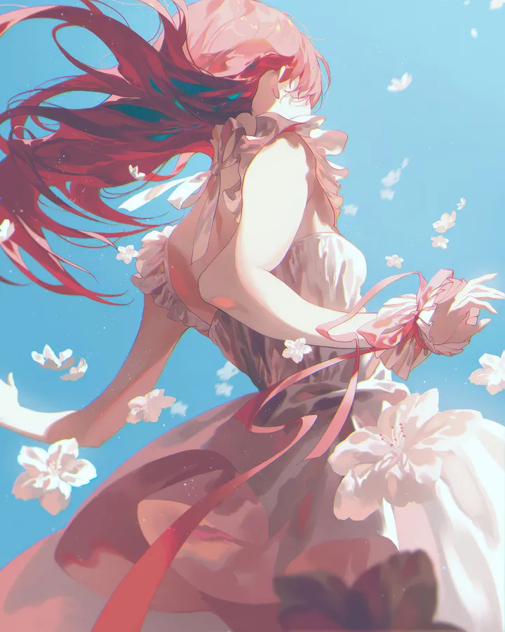 1girl,ribbon,breasts,solo,closed_eyes,sky,sleeveless,sleeveless_dress,white_flower,white_dress,vertical,pink_ribbon,pink_hair,red_hair,from_behind,frills,blue_sky,blue_background,dress,long_hair,bare_shoulders,floating_hair,flower