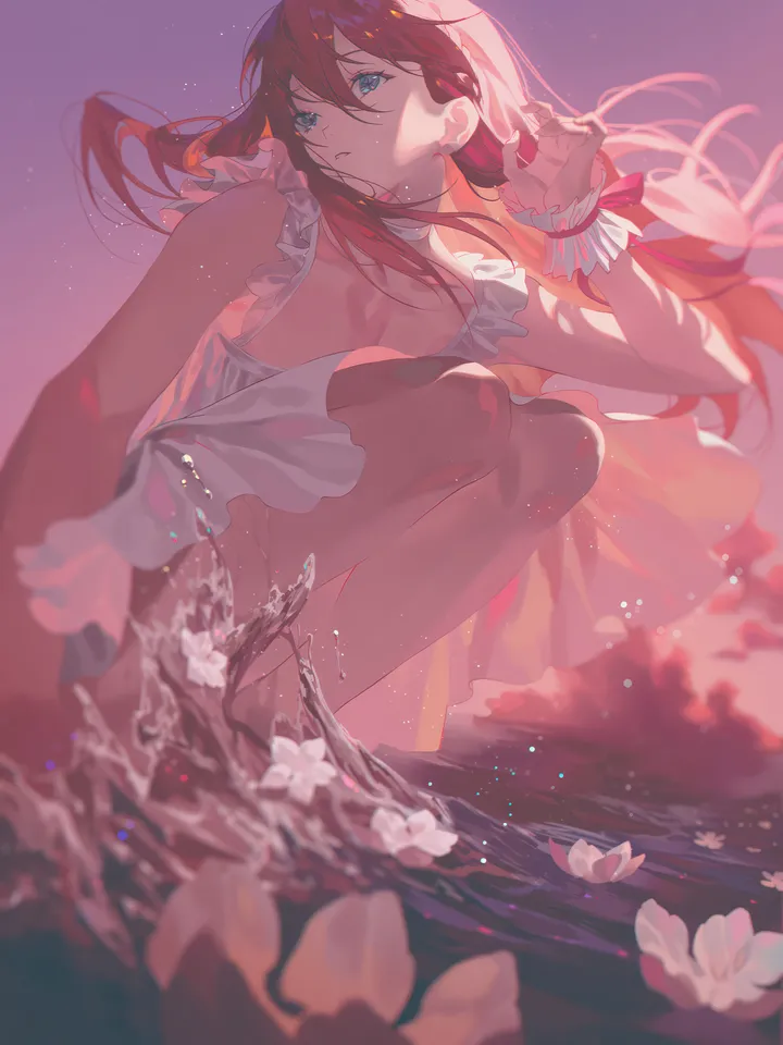 1girl,breasts,cleavage,solo,sky,hair_between_eyes,sunset,water,white_flower,white_dress,vertical,wrist_cuffs,red_hair,blue_eyes,squatting,dress,long_hair,flower